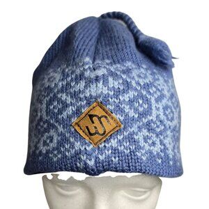 Merkley Blue Knit Wool Beanie Hat Nordic Pattern & Leather Logo Patch